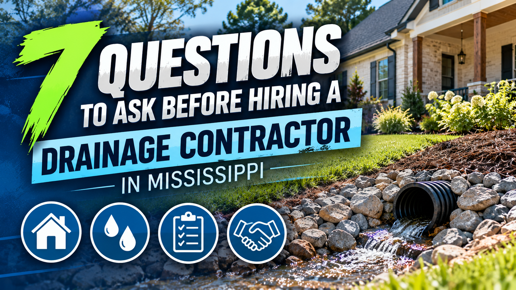 Graphic of a Mississippi home, a drainage pipe, and seven questions to ask before hiring a drainage contractor